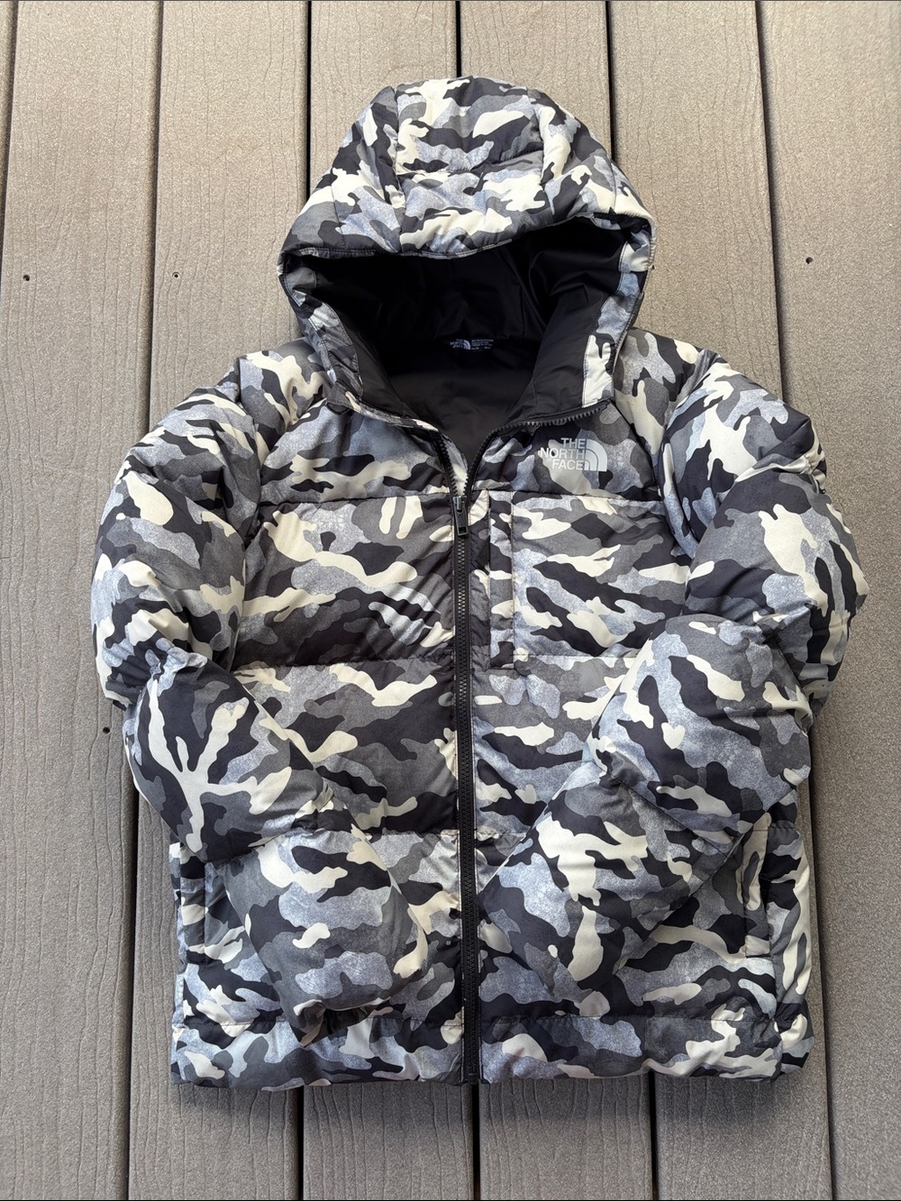 The North Face Kids Black, Gray & White Down Camo Puffer Jacket with Hood